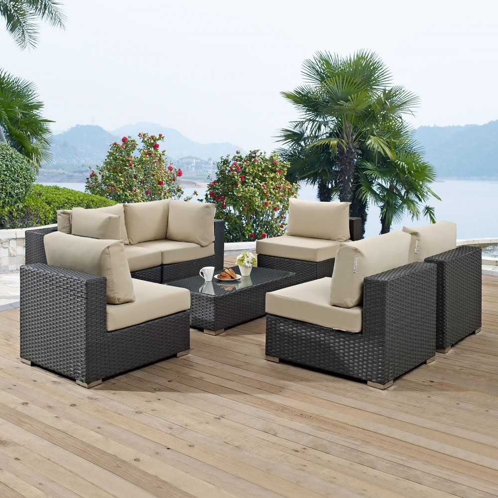 Sojourn 7 Piece Outdoor Patio Sunbrella Sectional Set, Canvas Antique Beige, EEI-1883-CHC-BEI-SET