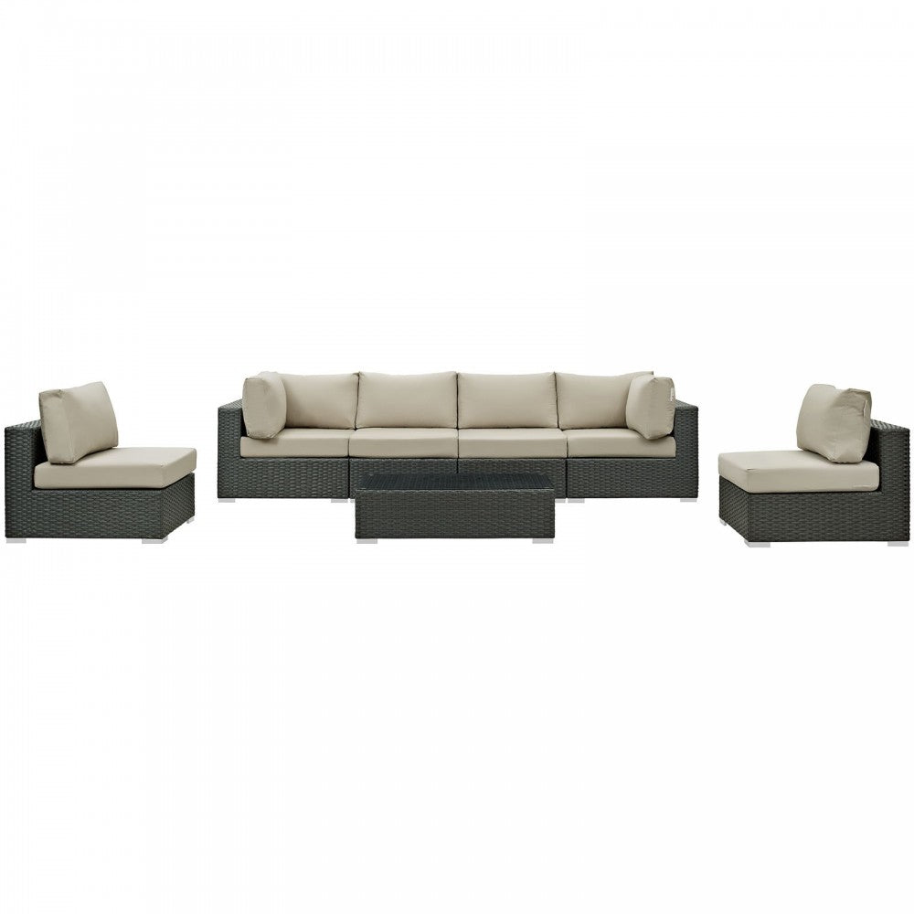 Sojourn 7 Piece Outdoor Patio Sunbrella Sectional Set, Canvas Antique Beige, EEI-1883-CHC-BEI-SET