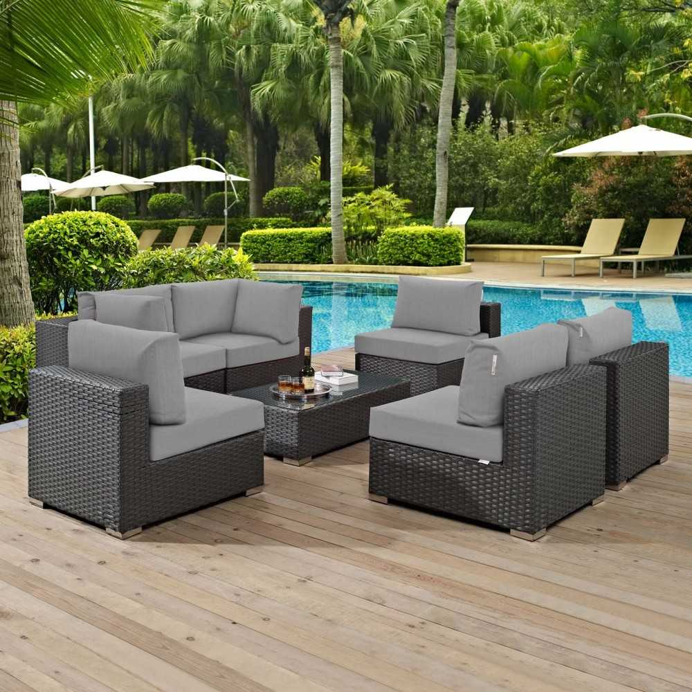 Sojourn 7 Piece Outdoor Patio Sunbrella Sectional Set, Canvas Gray, EEI-1883-CHC-GRY-SET
