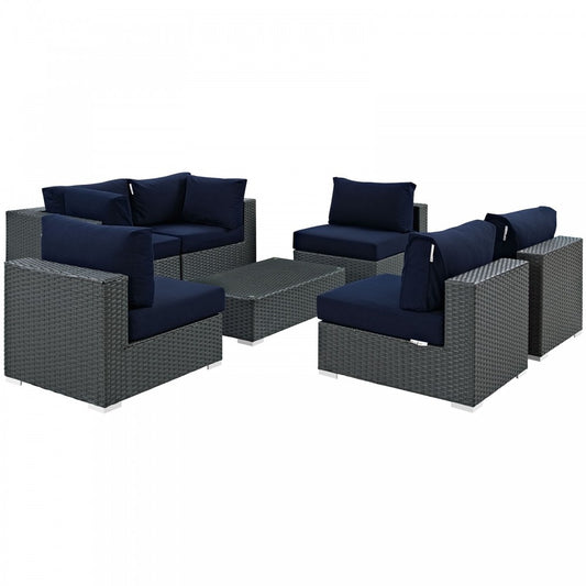 Sojourn 7 Piece Outdoor Patio Sunbrella Sectional Set, Canvas Navy, EEI-1883-CHC-NAV-SET