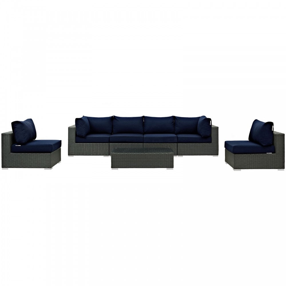 Sojourn 7 Piece Outdoor Patio Sunbrella Sectional Set, Canvas Navy, EEI-1883-CHC-NAV-SET