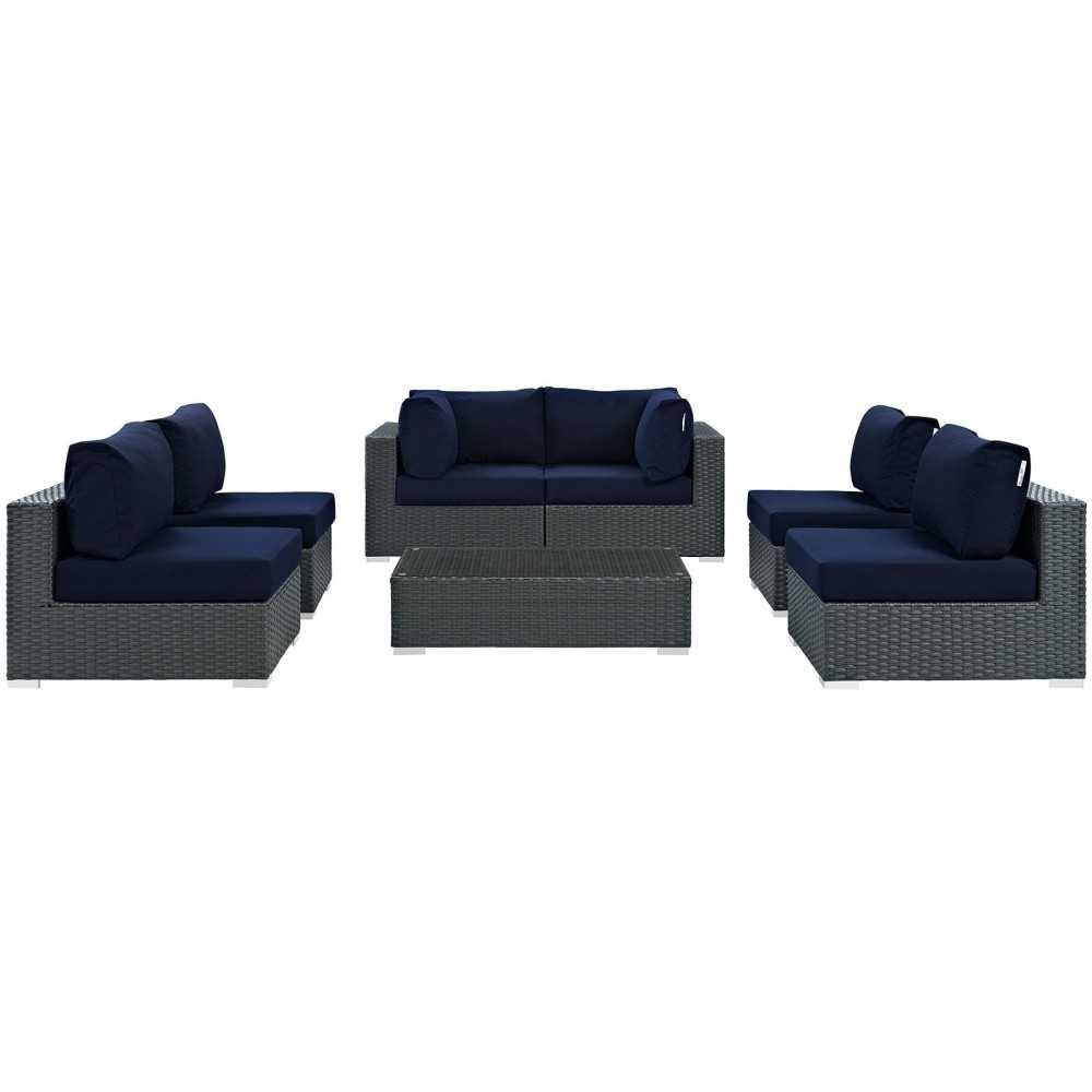 Sojourn 7 Piece Outdoor Patio Sunbrella Sectional Set, Canvas Navy, EEI-1883-CHC-NAV-SET