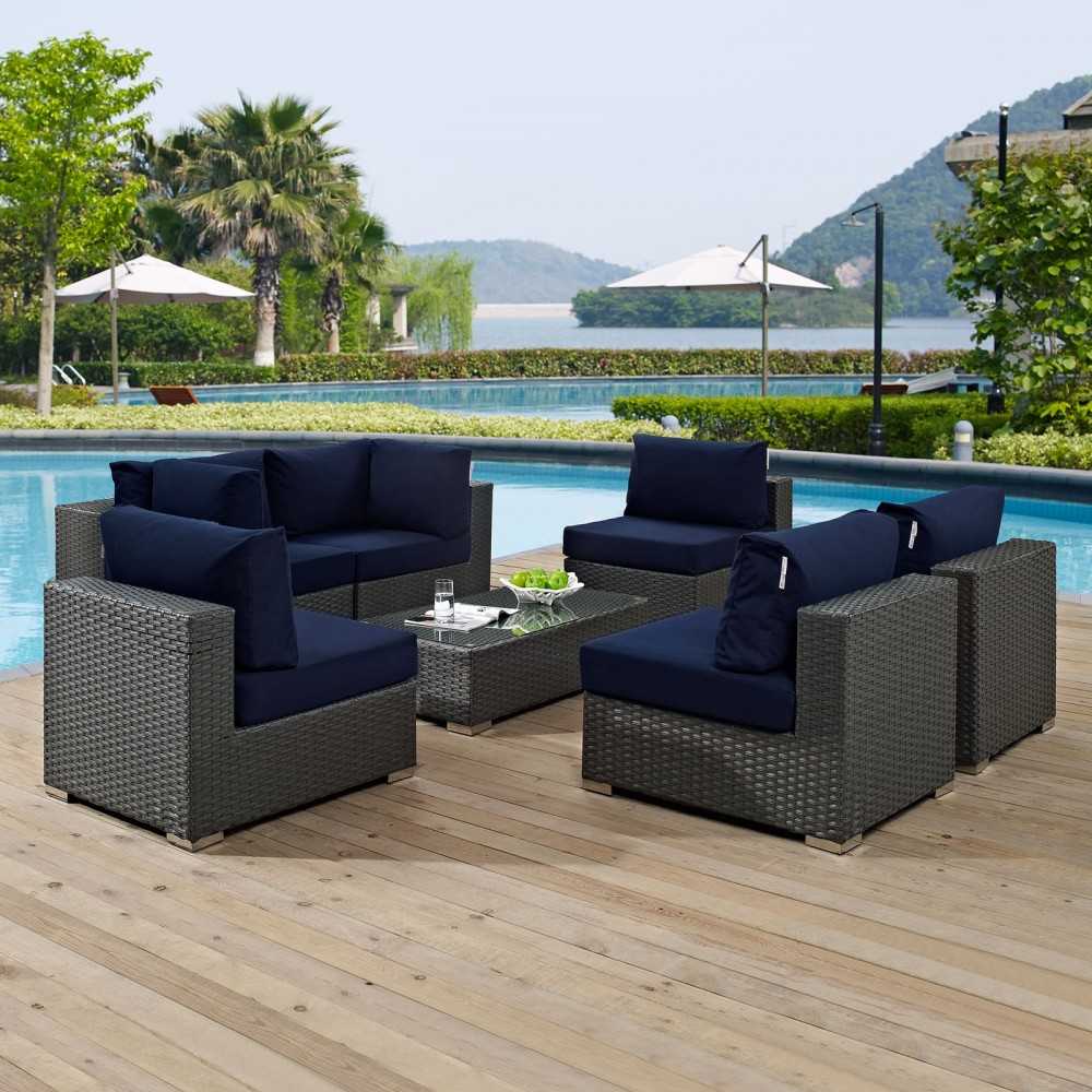 Sojourn 7 Piece Outdoor Patio Sunbrella Sectional Set, Canvas Navy, EEI-1883-CHC-NAV-SET