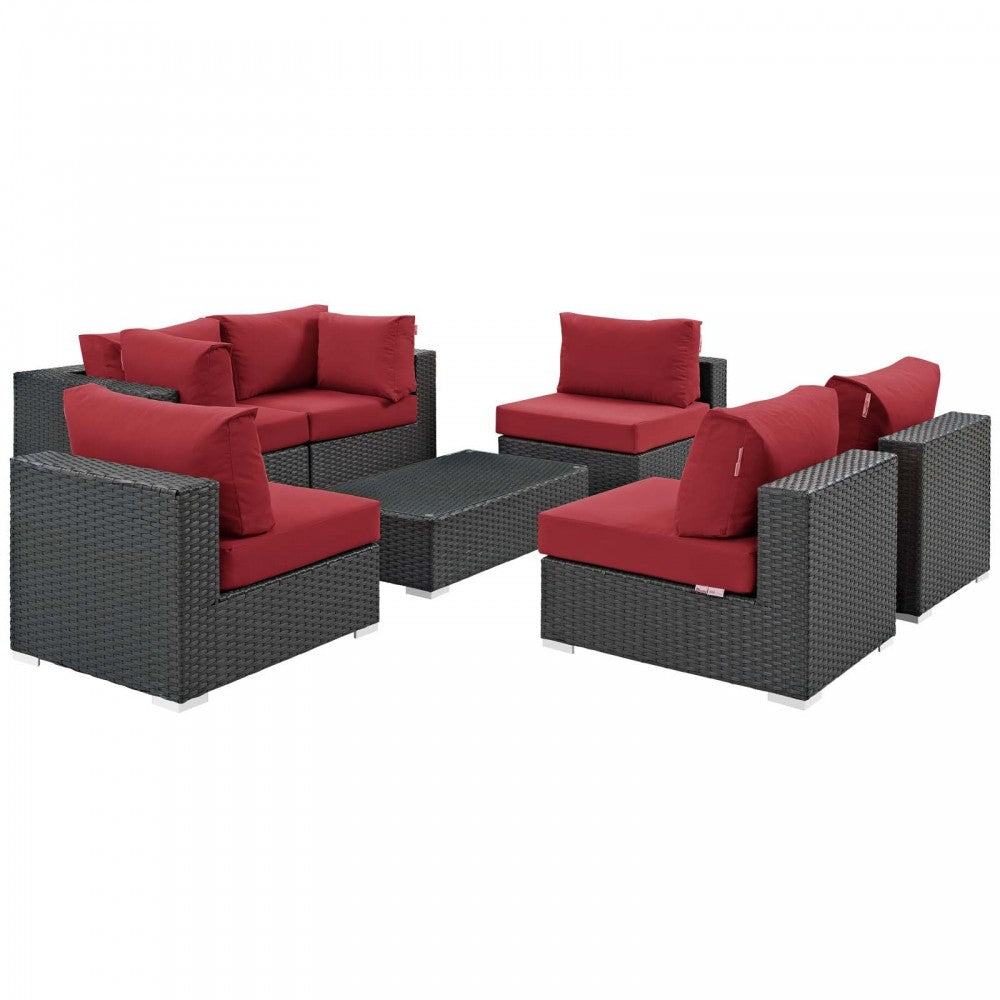 Sojourn 7 Piece Outdoor Patio Sunbrella Sectional Set, Canvas Red, EEI-1883-CHC-RED-SET