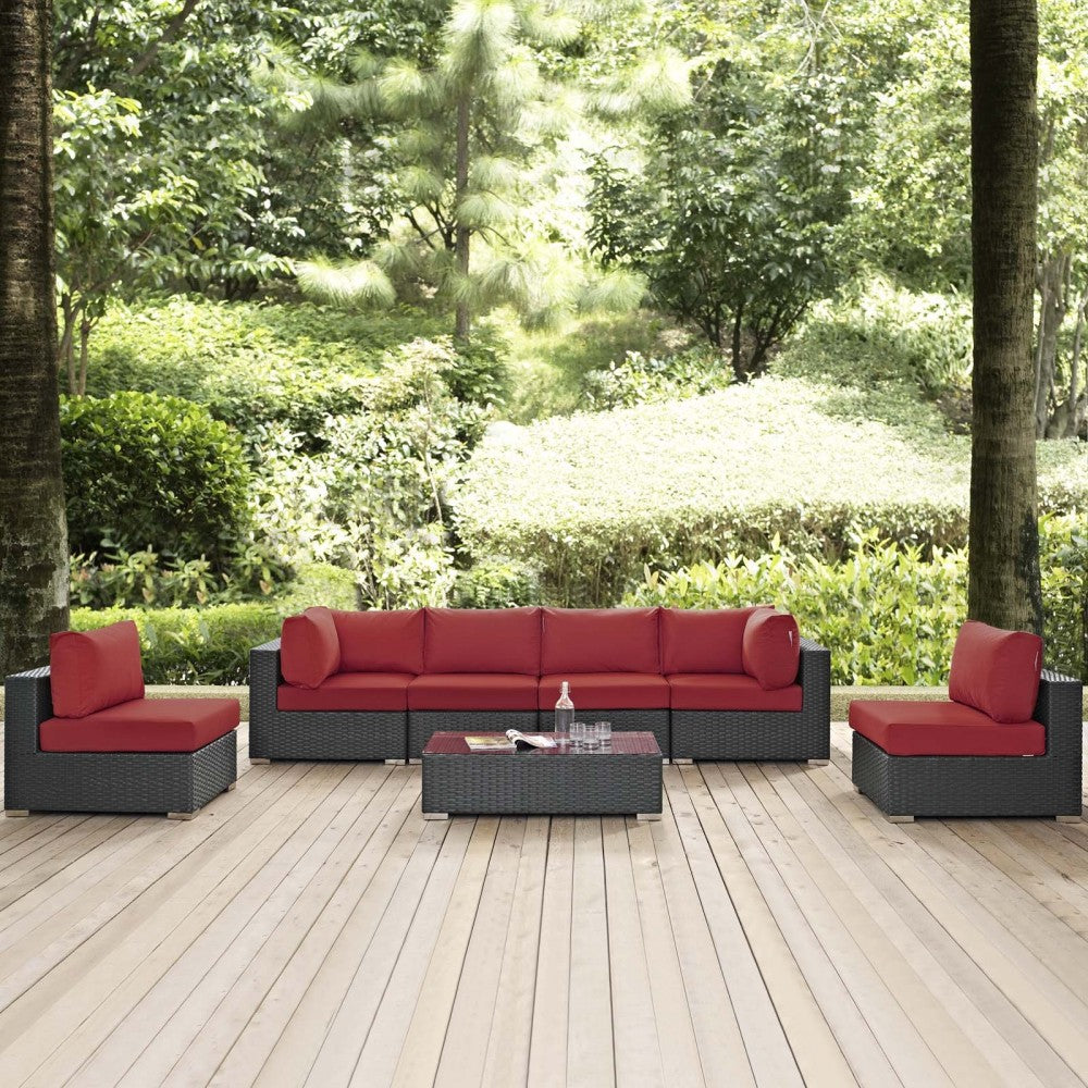 Sojourn 7 Piece Outdoor Patio Sunbrella Sectional Set, Canvas Red, EEI-1883-CHC-RED-SET