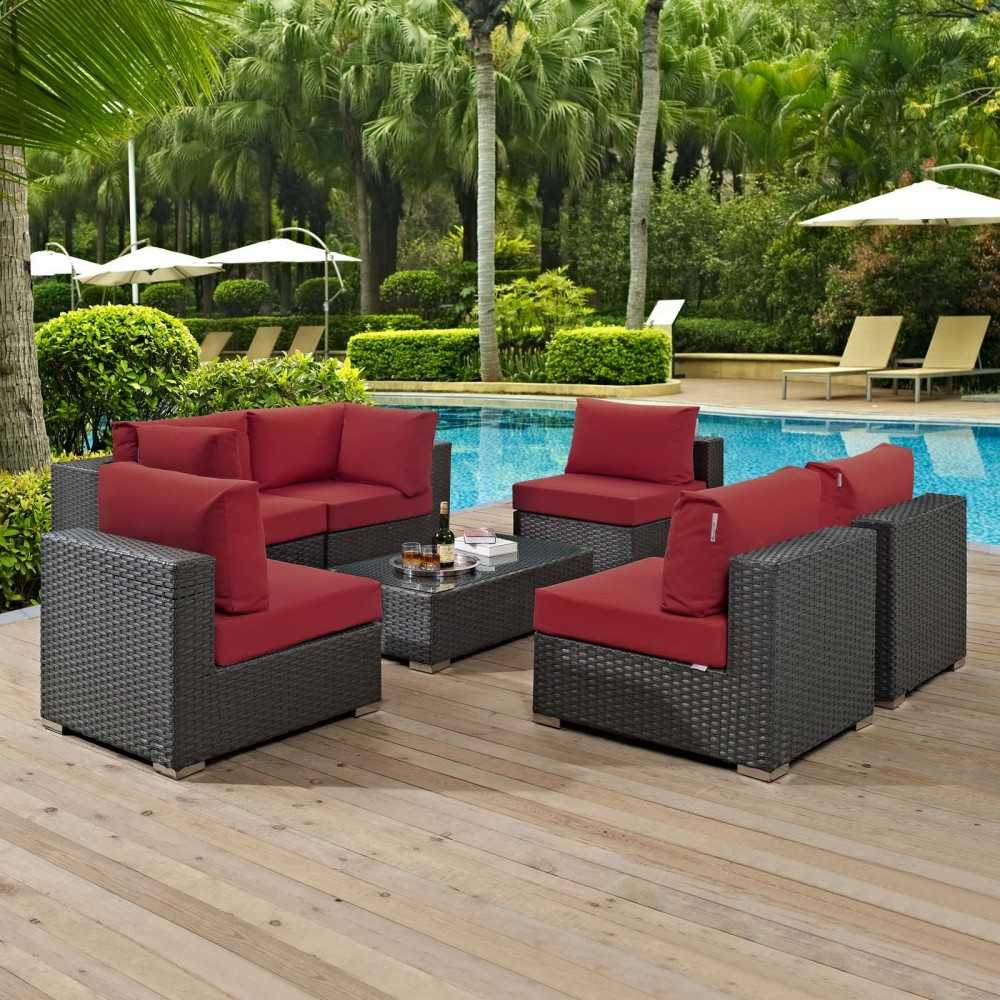Sojourn 7 Piece Outdoor Patio Sunbrella Sectional Set, Canvas Red, EEI-1883-CHC-RED-SET