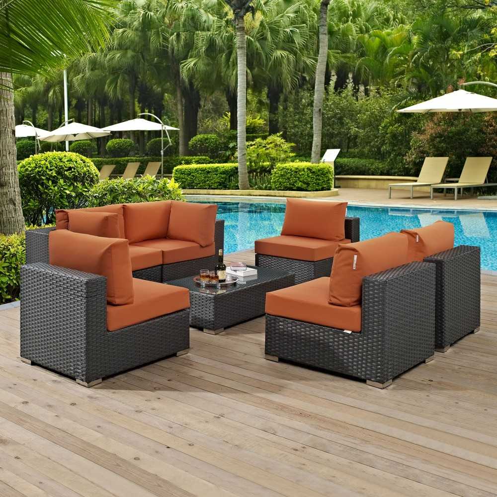 Sojourn 7 Piece Outdoor Patio Sunbrella Sectional Set, Canvas Tuscan, EEI-1883-CHC-TUS-SET