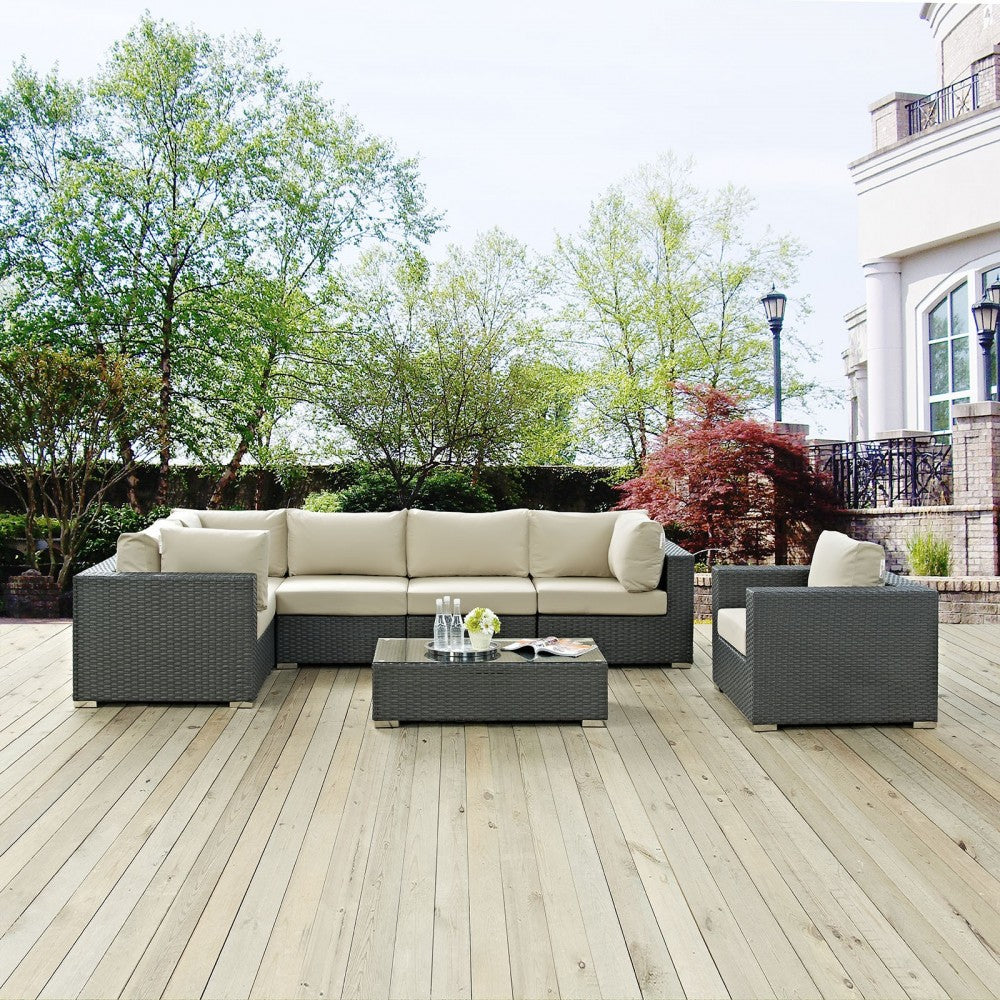 Sojourn 7 Piece Outdoor Patio Sunbrella Sectional Set, Canvas Antique Beige, EEI-1878-CHC-BEI-SET