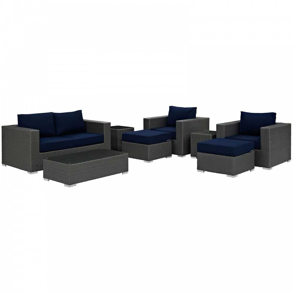 Sojourn 8 Piece Outdoor Patio Sunbrella Sectional Set, Canvas Navy, EEI-1880-CHC-NAV-SET