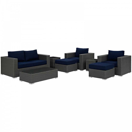 Sojourn 8 Piece Outdoor Patio Sunbrella Sectional Set, Canvas Navy, EEI-1880-CHC-NAV-SET