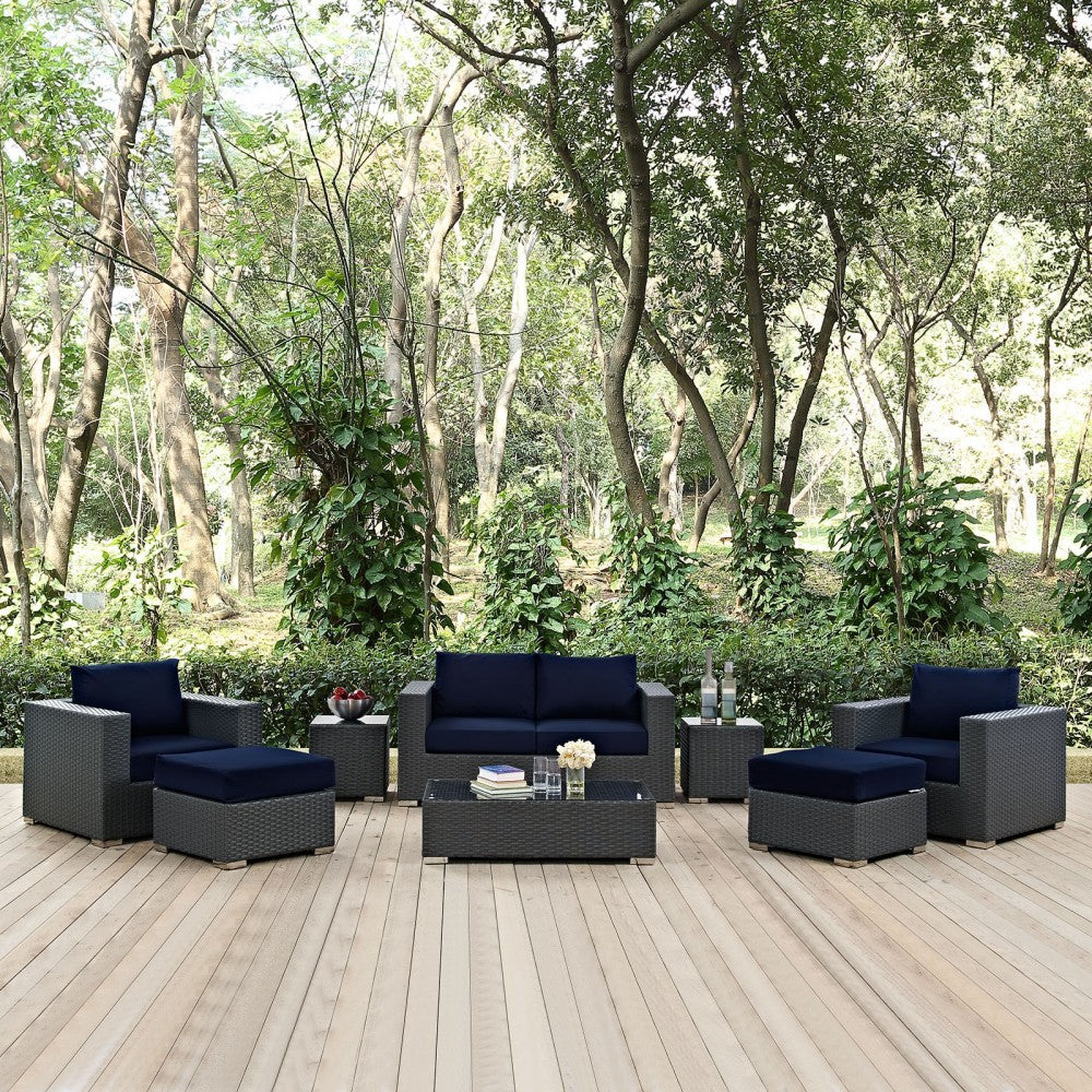 Sojourn 8 Piece Outdoor Patio Sunbrella Sectional Set, Canvas Navy, EEI-1880-CHC-NAV-SET