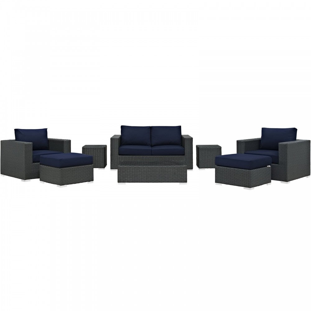 Sojourn 8 Piece Outdoor Patio Sunbrella Sectional Set, Canvas Navy, EEI-1880-CHC-NAV-SET