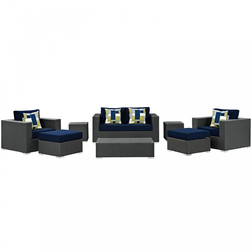 Sojourn 8 Piece Outdoor Patio Sunbrella Sectional Set, Canvas Navy, EEI-2376-CHC-NAV-SET