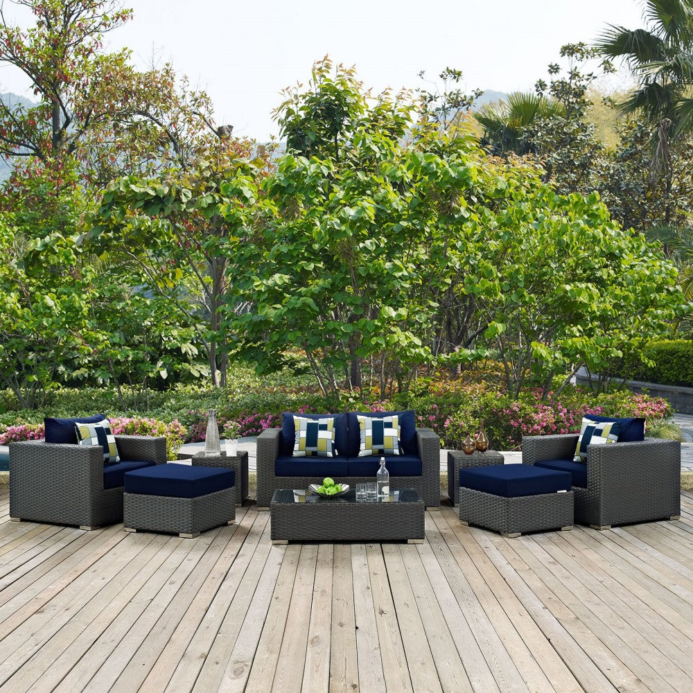 Sojourn 8 Piece Outdoor Patio Sunbrella Sectional Set, Canvas Navy, EEI-2376-CHC-NAV-SET