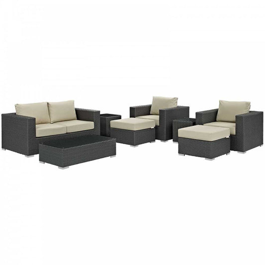 Sojourn 8 Piece Outdoor Patio Sunbrella Sectional Set, Canvas Antique Beige, EEI-1880-CHC-BEI-SET