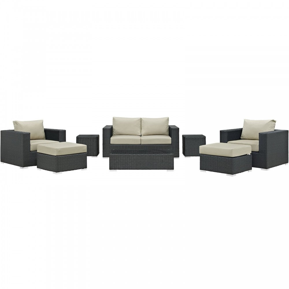 Sojourn 8 Piece Outdoor Patio Sunbrella Sectional Set, Canvas Antique Beige, EEI-1880-CHC-BEI-SET