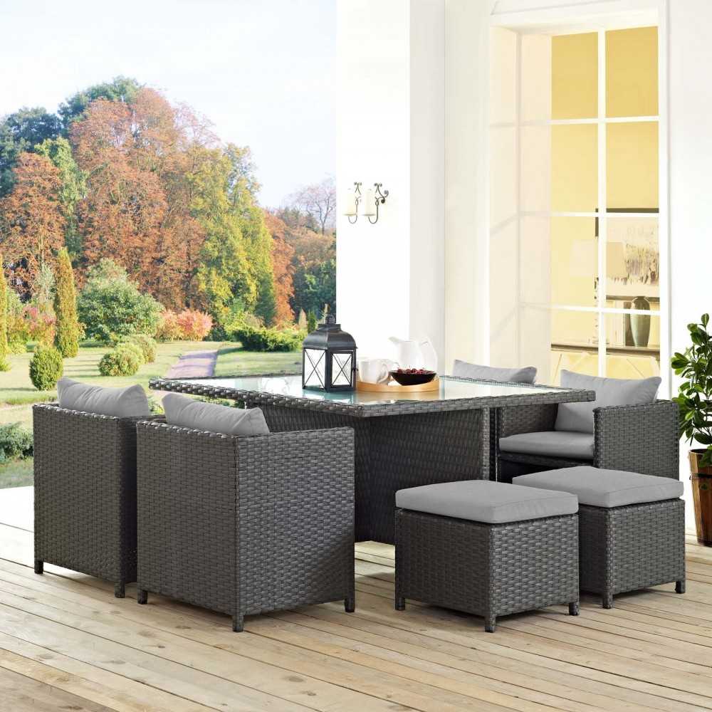 Sojourn 9 Piece Outdoor Patio Sunbrella Dining Set, Canvas Gray, EEI-1946-CHC-GRY-SET