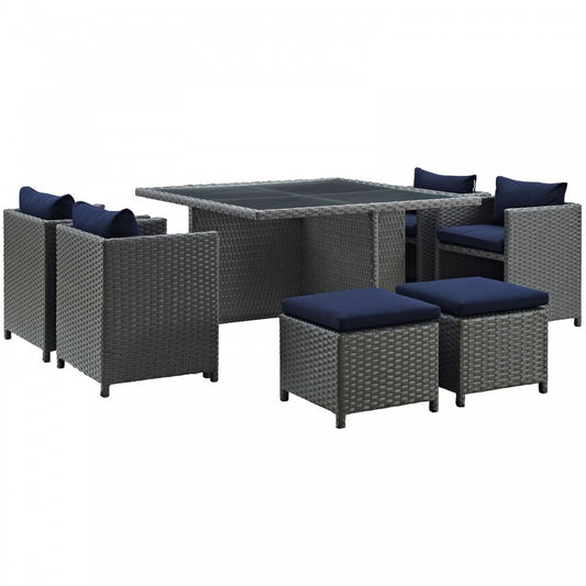 Sojourn 9 Piece Outdoor Patio Sunbrella Dining Set, Canvas Navy, EEI-1946-CHC-NAV-SET