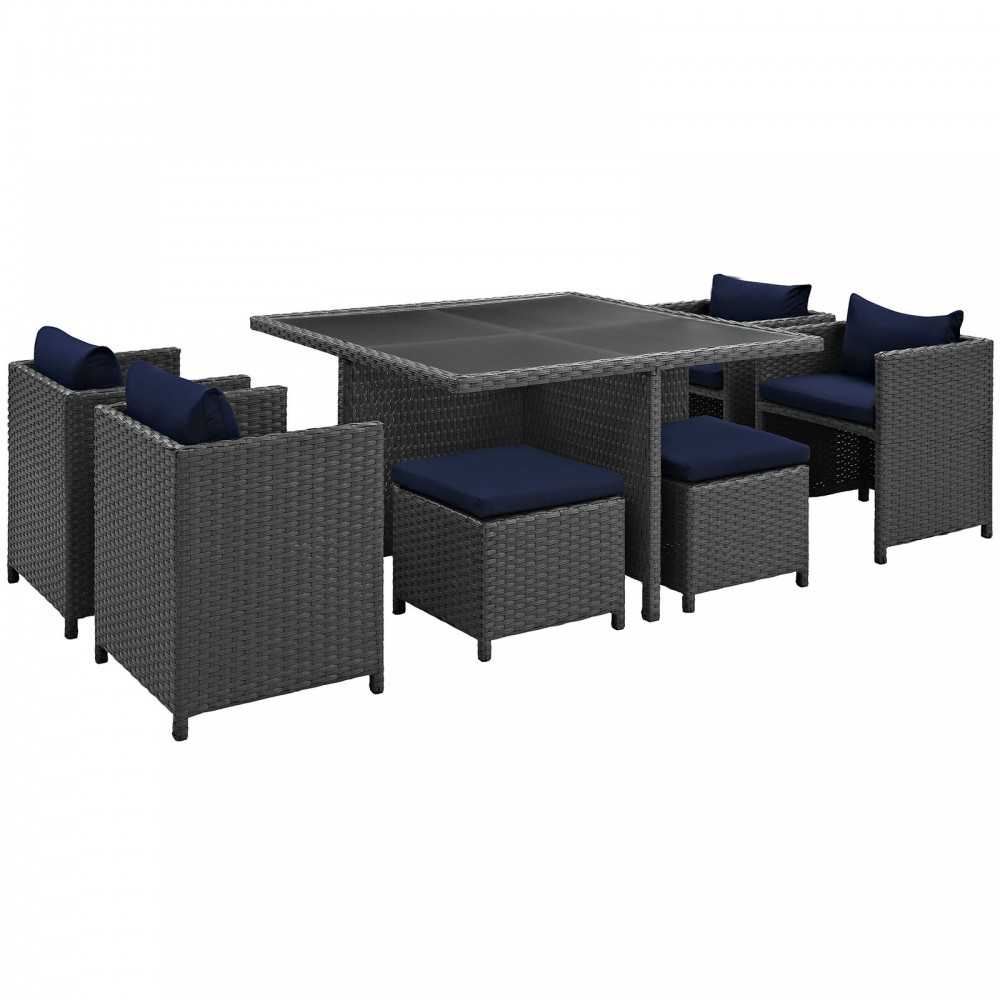 Sojourn 9 Piece Outdoor Patio Sunbrella Dining Set, Canvas Navy, EEI-1946-CHC-NAV-SET