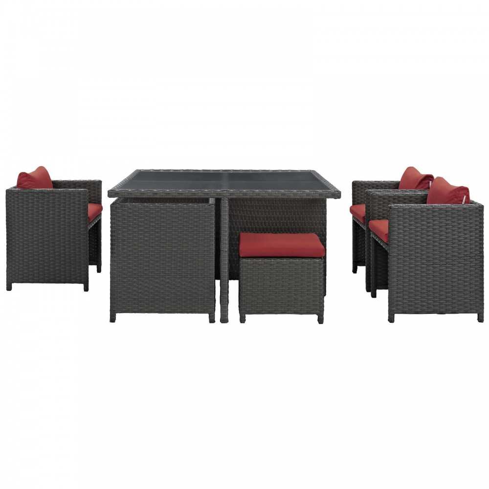 Sojourn 9 Piece Outdoor Patio Sunbrella Dining Set, Canvas Red, EEI-1946-CHC-RED-SET