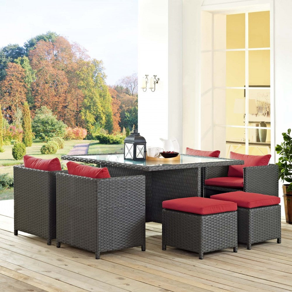 Sojourn 9 Piece Outdoor Patio Sunbrella Dining Set, Canvas Red, EEI-1946-CHC-RED-SET