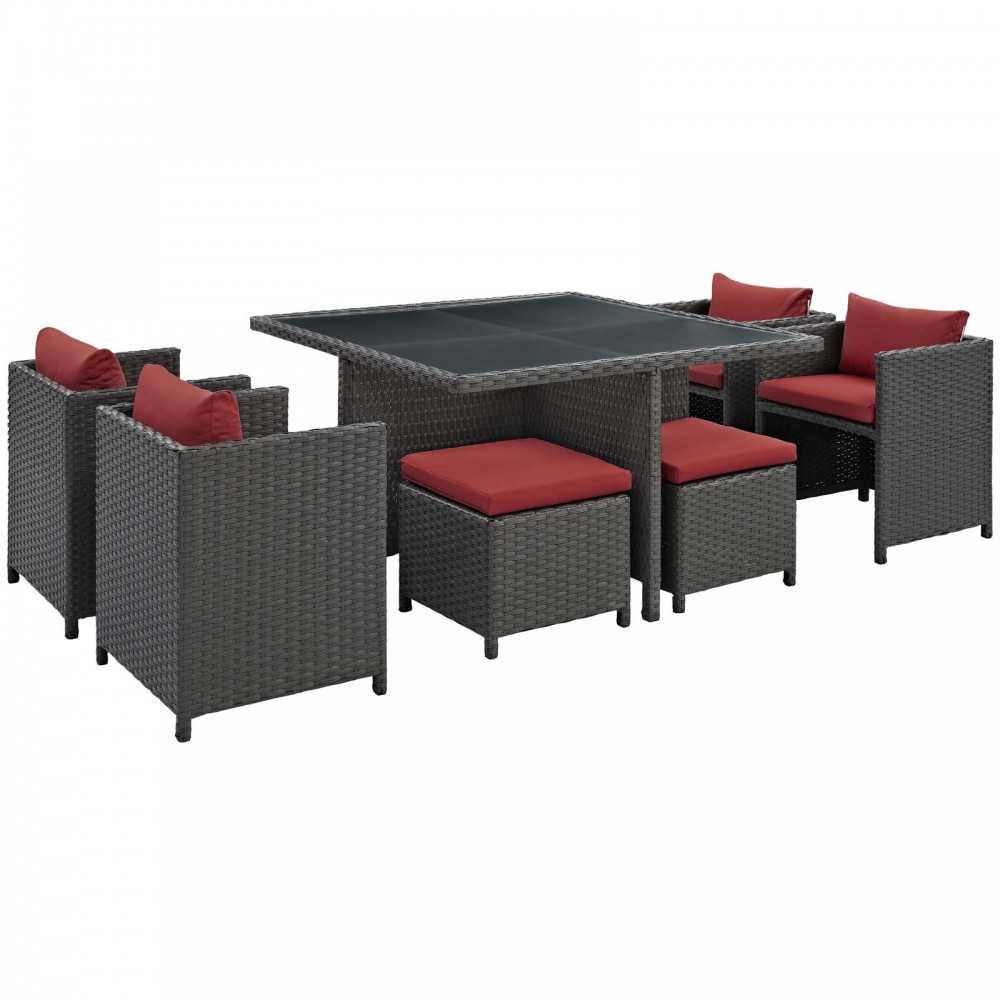 Sojourn 9 Piece Outdoor Patio Sunbrella Dining Set, Canvas Red, EEI-1946-CHC-RED-SET