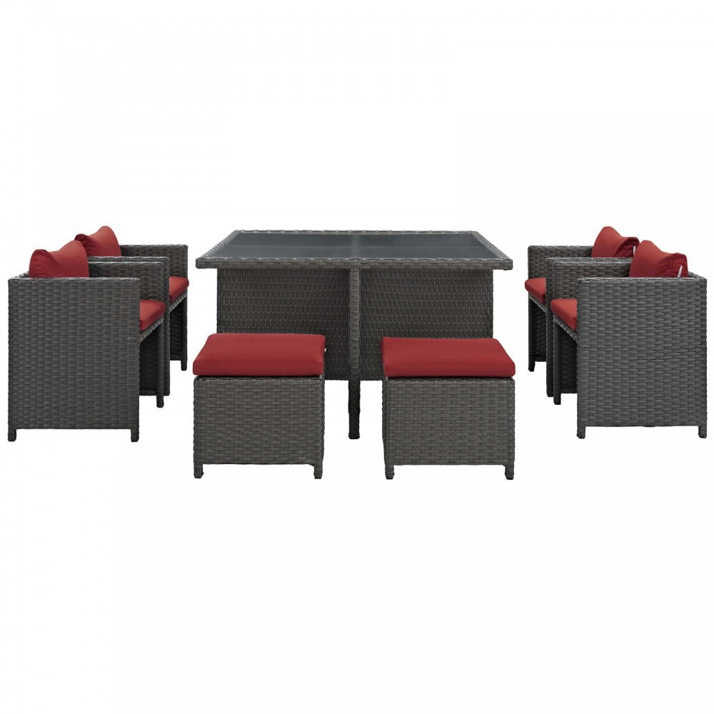 Sojourn 9 Piece Outdoor Patio Sunbrella Dining Set, Canvas Red, EEI-1946-CHC-RED-SET