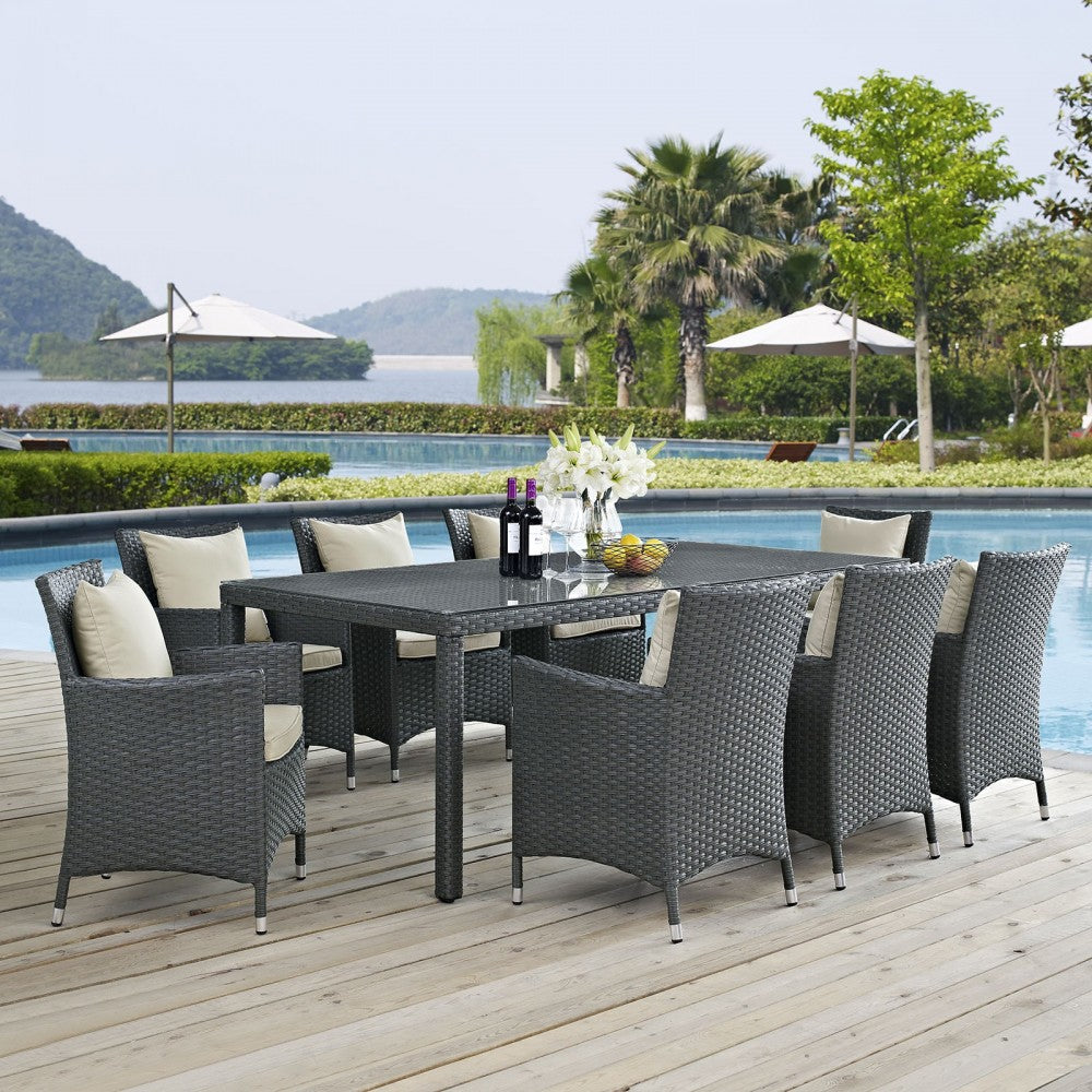 Sojourn 9 Piece Outdoor Patio Sunbrella Dining Set, Antique Canvas Beige, EEI-2309-CHC-BEI-SET