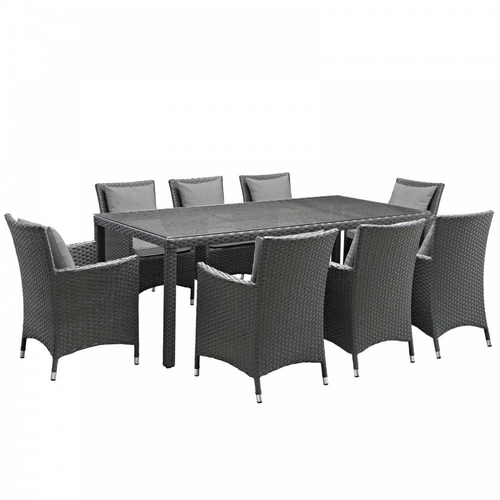 Sojourn 9 Piece Outdoor Patio Sunbrella Dining Set, Canvas Gray, EEI-2309-CHC-GRY-SET