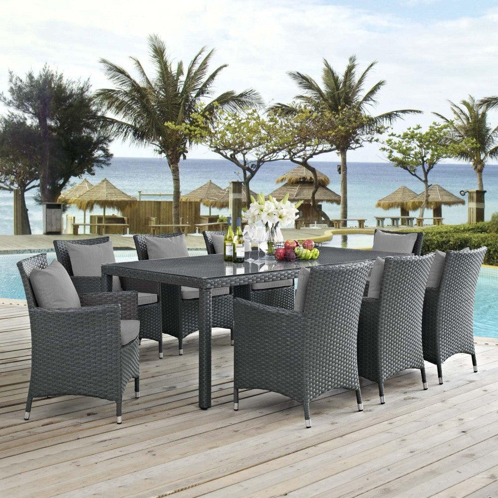 Sojourn 9 Piece Outdoor Patio Sunbrella Dining Set, Canvas Gray, EEI-2309-CHC-GRY-SET