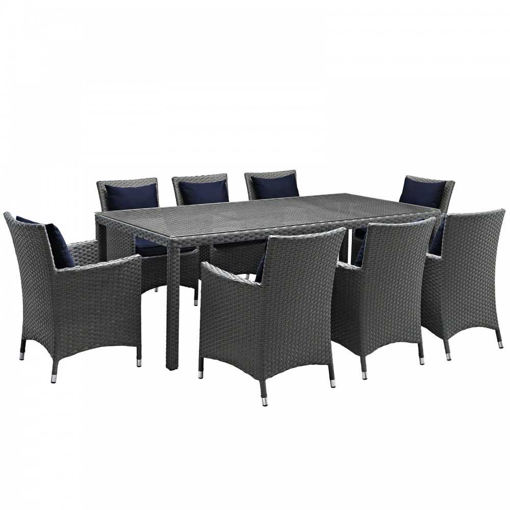Sojourn 9 Piece Outdoor Patio Sunbrella Dining Set, Canvas Navy, EEI-2309-CHC-NAV-SET