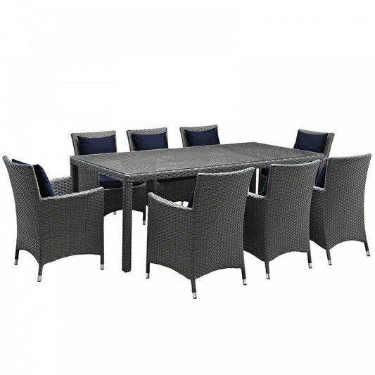 Sojourn 9 Piece Outdoor Patio Sunbrella Dining Set, Canvas Navy, EEI-2309-CHC-NAV-SET