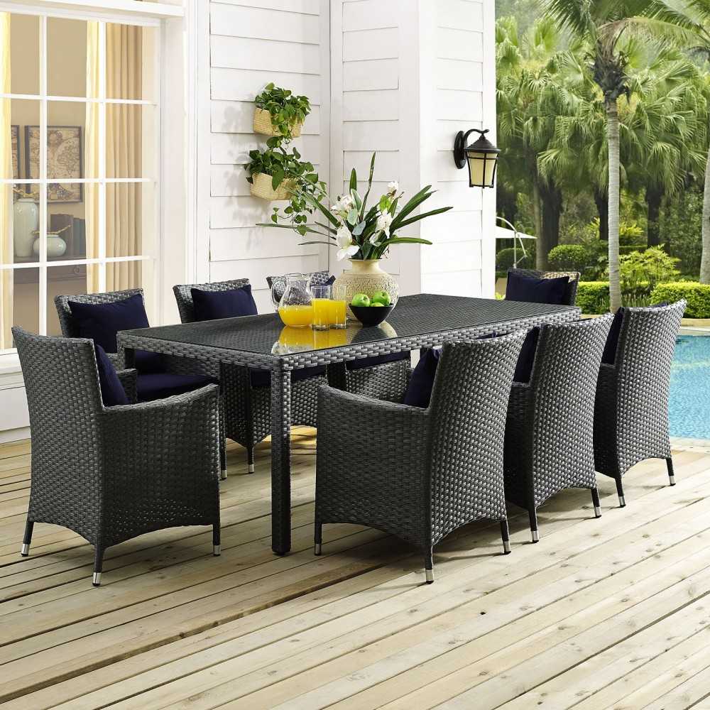 Sojourn 9 Piece Outdoor Patio Sunbrella Dining Set, Canvas Navy, EEI-2309-CHC-NAV-SET