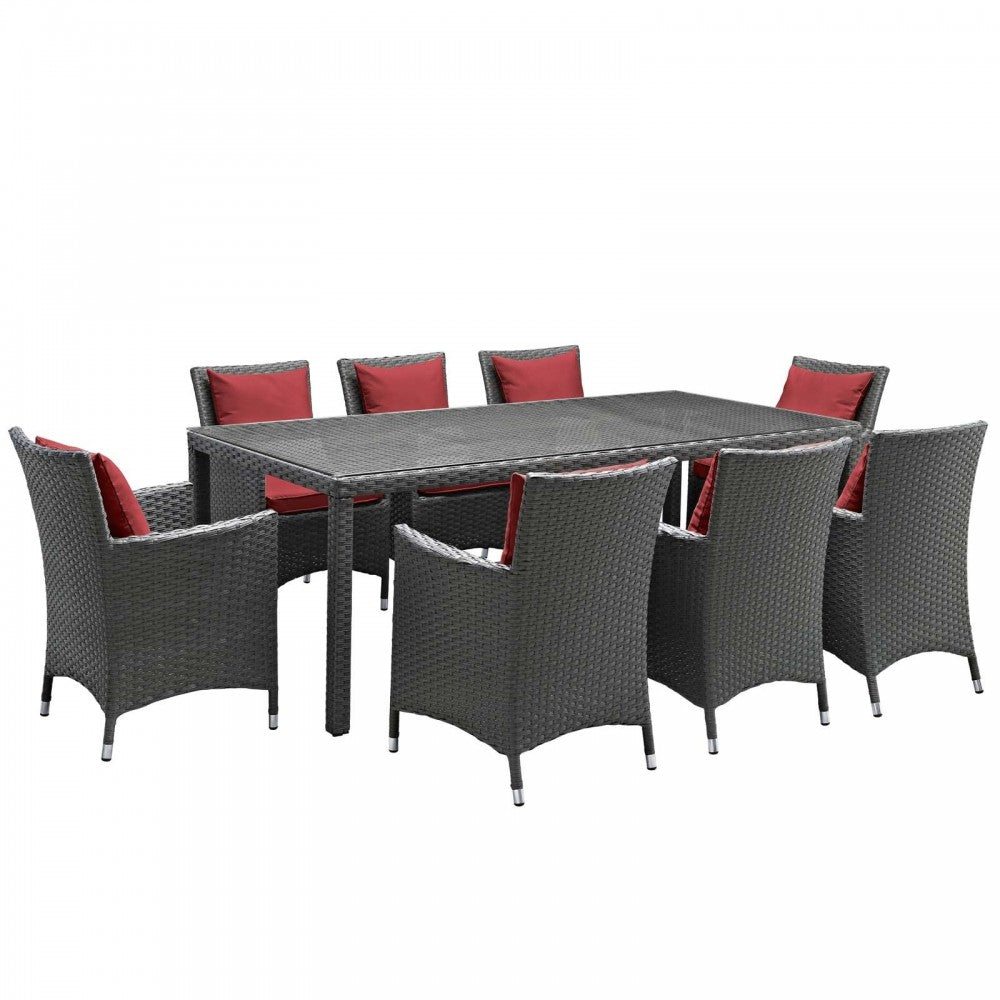 Sojourn 9 Piece Outdoor Patio Sunbrella Dining Set, Canvas Red, EEI-2309-CHC-RED-SET