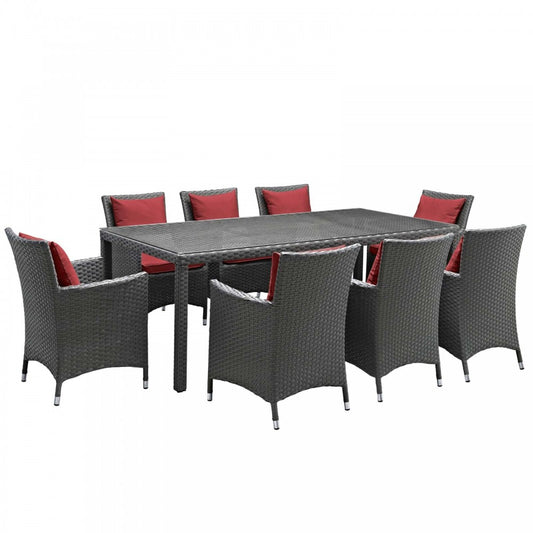 Sojourn 9 Piece Outdoor Patio Sunbrella Dining Set, Canvas Red, EEI-2309-CHC-RED-SET