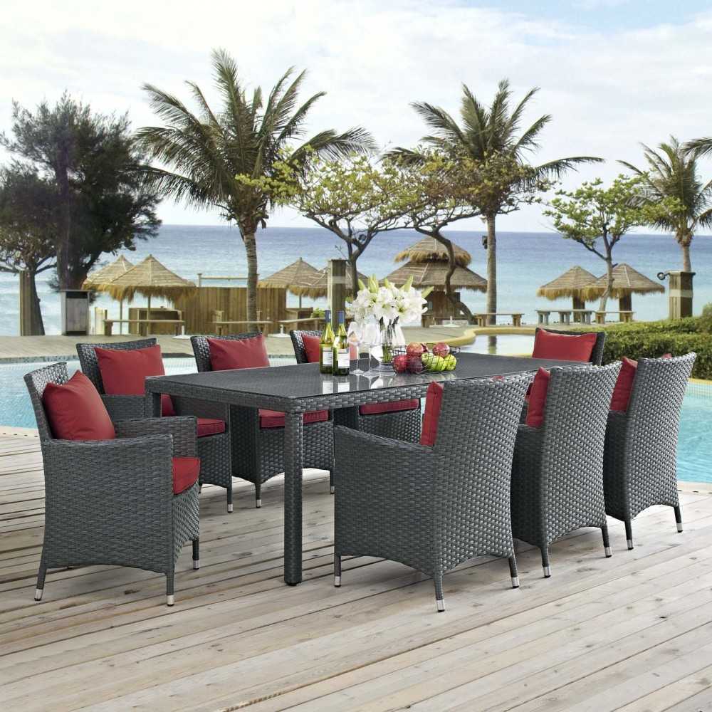 Sojourn 9 Piece Outdoor Patio Sunbrella Dining Set, Canvas Red, EEI-2309-CHC-RED-SET
