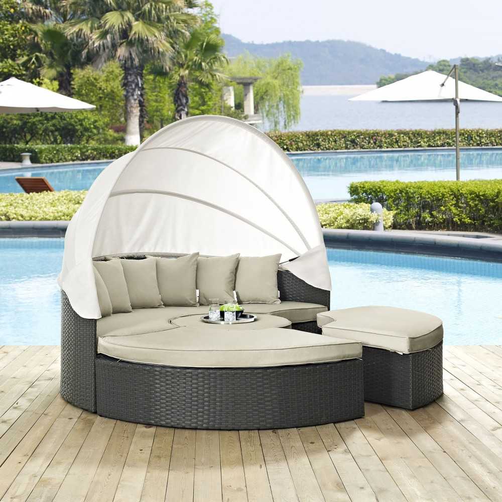 Sojourn Outdoor Patio Sunbrella Daybed, Antique Canvas Beige, EEI-1986-CHC-BEI-SET