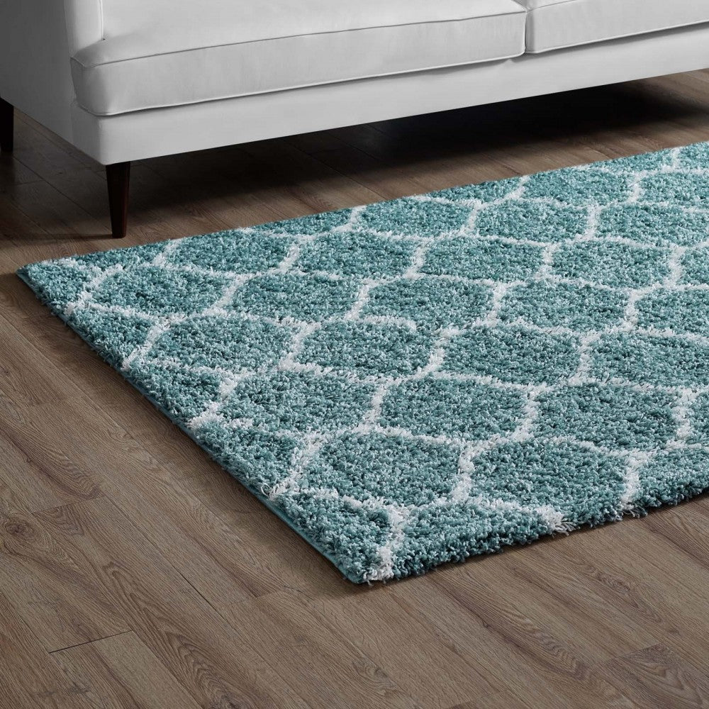 Solvea Moroccan Trellis 8x10 Shag Area Rug, Aqua Blue and Ivory