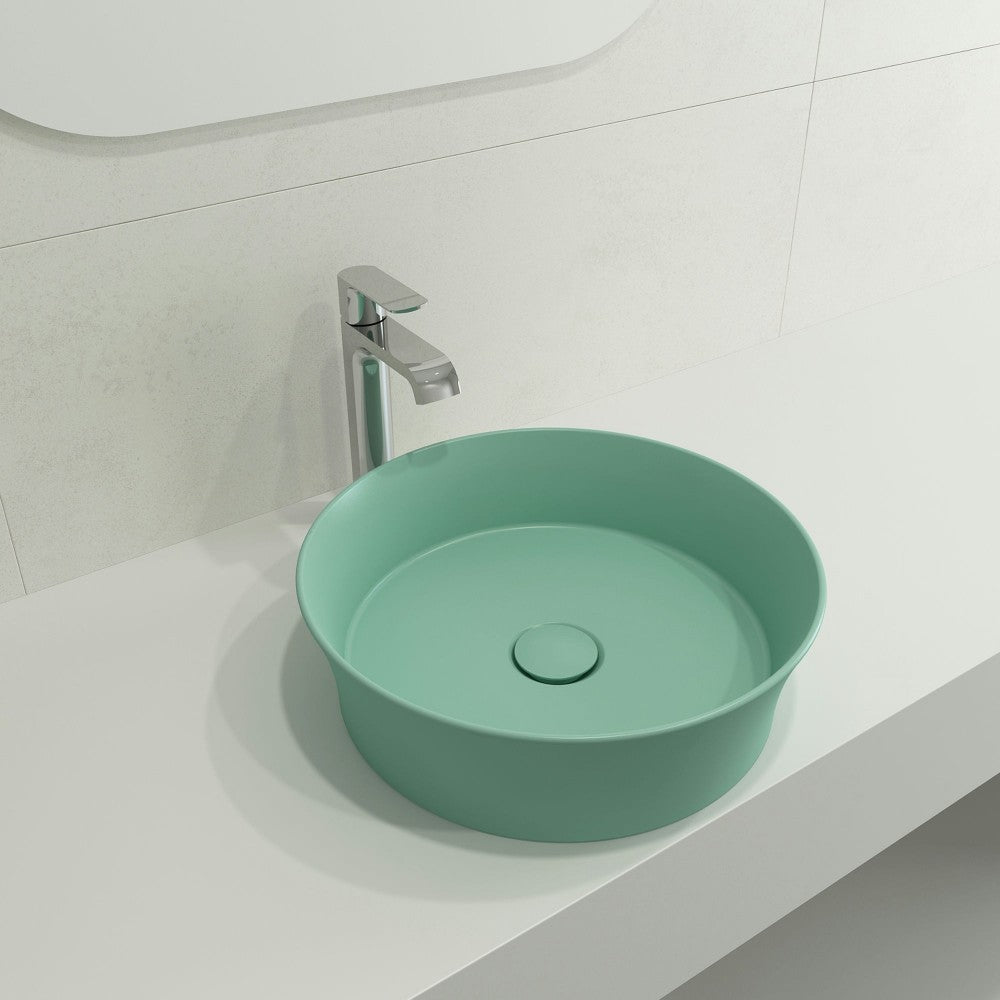 Sottile Round Vessel Fireclay 15in with Matching Drain Cover in Matte Mint Green