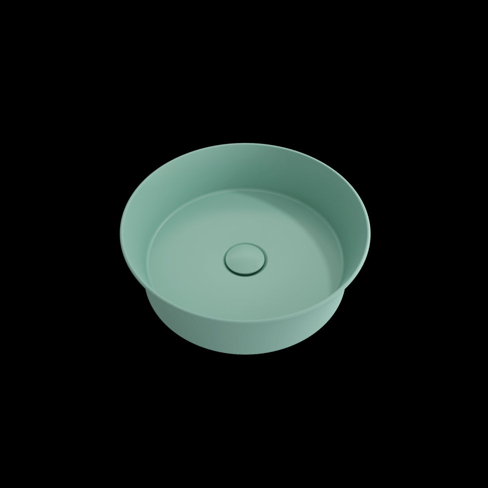 Sottile Round Vessel Fireclay 15in with Matching Drain Cover in Matte Mint Green