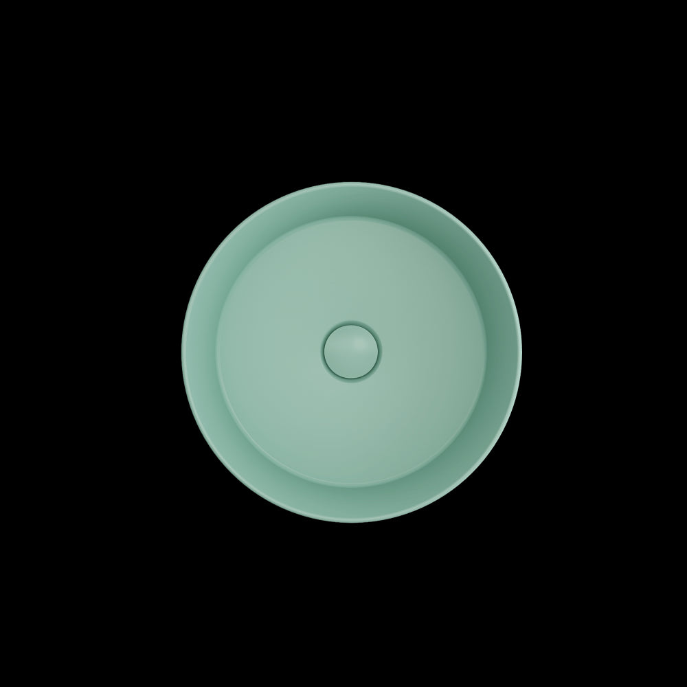 Sottile Round Vessel Fireclay 15in with Matching Drain Cover in Matte Mint Green