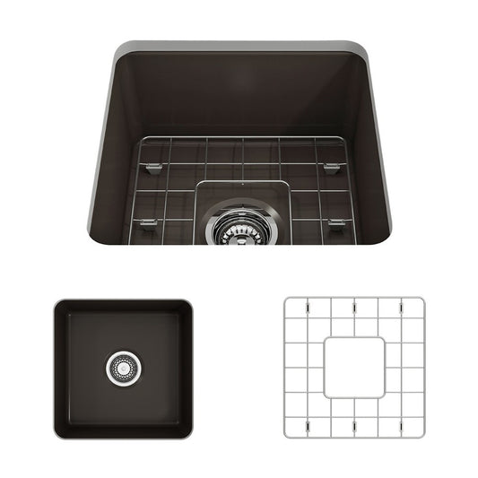 Sotto Dual-Mount Fireclay 18 in. Single Bowl Bar Sink with Protective Bottom Grid and Strainer in Matte Brown