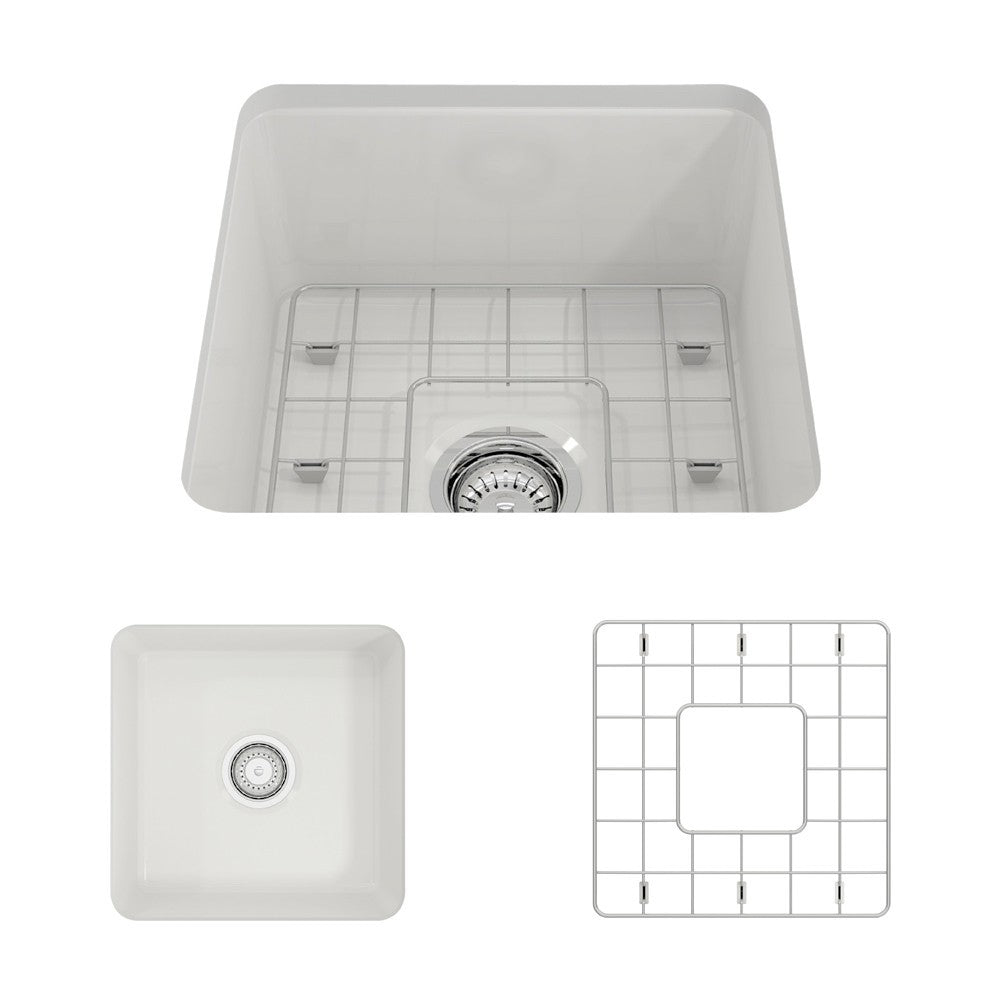 Sotto Dual-Mount Fireclay 18 in. Single Bowl Bar Sink with Protective Bottom Grid and Strainer in White, White
