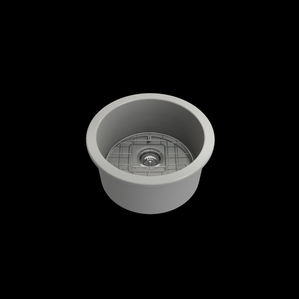 Sotto Round Dual Mount Fireclay 18.5 in. Single Bowl Bar Sink with Protective Bottom Grid and Strainer in Matte Gray