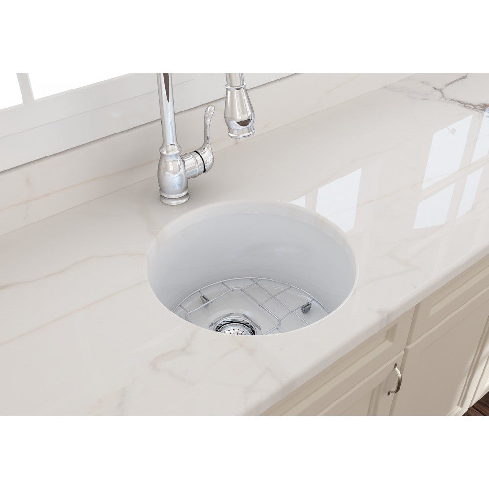 Sotto Round Dual Mount Fireclay 18.5 in. Single Bowl Bar Sink with Protective Bottom Grid and Strainer in White