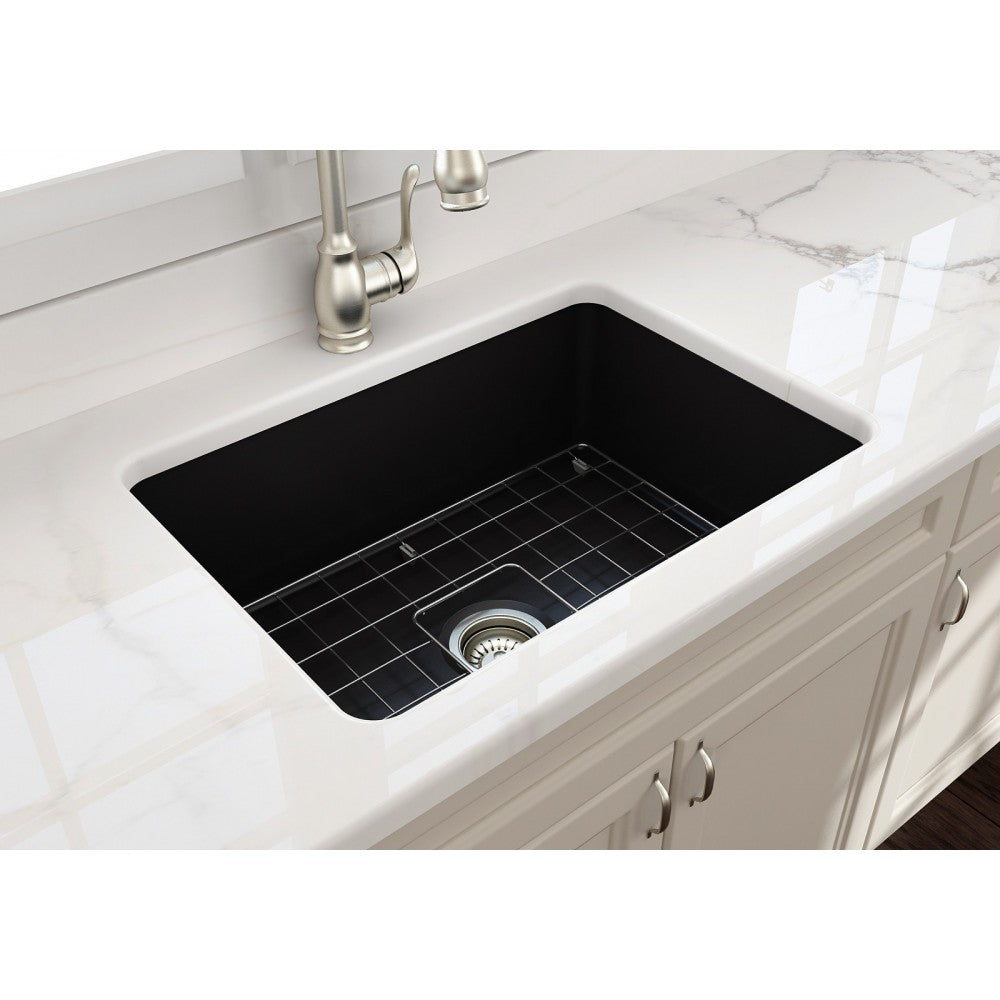 Sotto Undermount Fireclay 27 in. Single Bowl Kitchen Sink with Protective Bottom Grid and Strainer in Matte Black