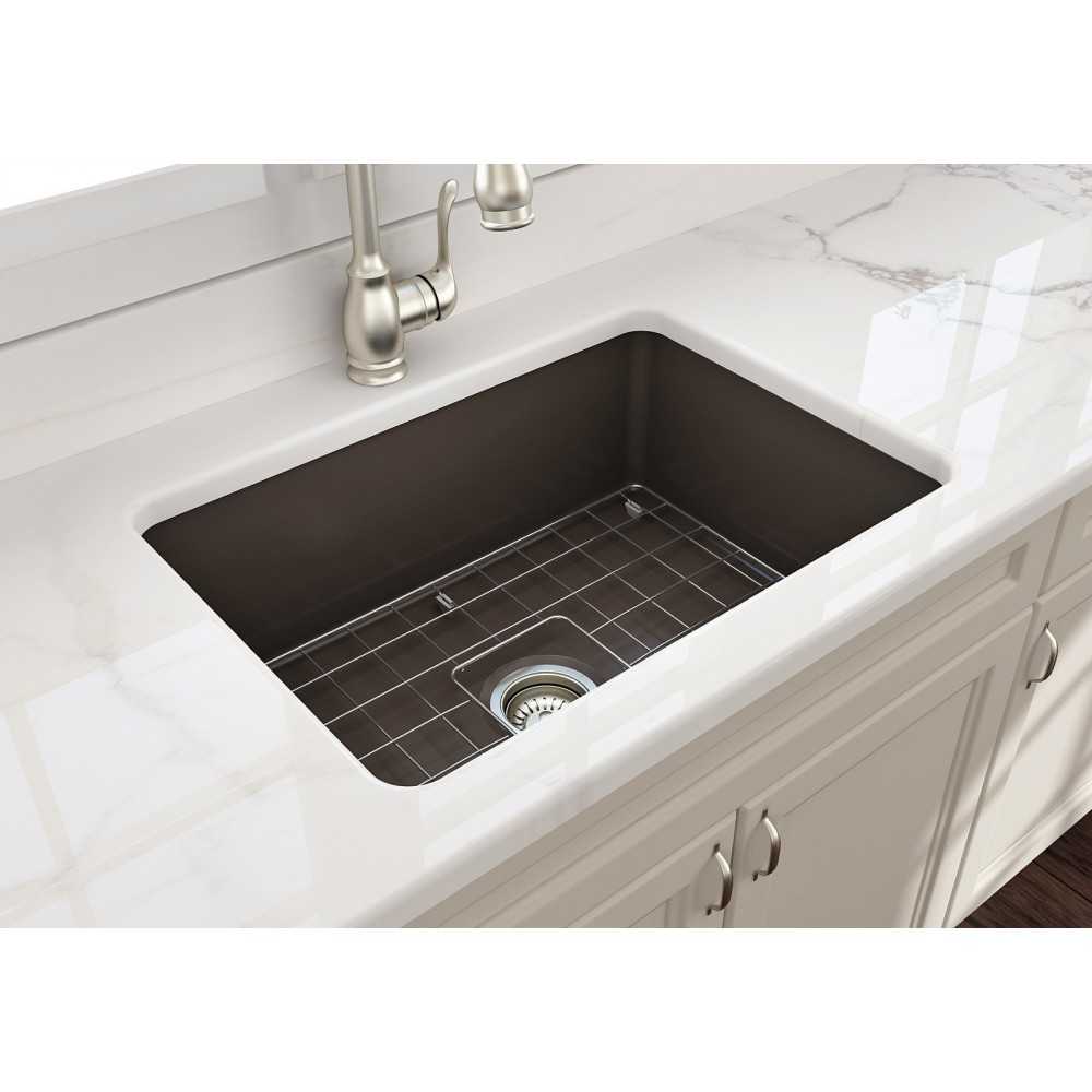 Sotto Undermount Fireclay 27 in. Single Bowl Kitchen Sink with Protective Bottom Grid and Strainer in Matte Brown