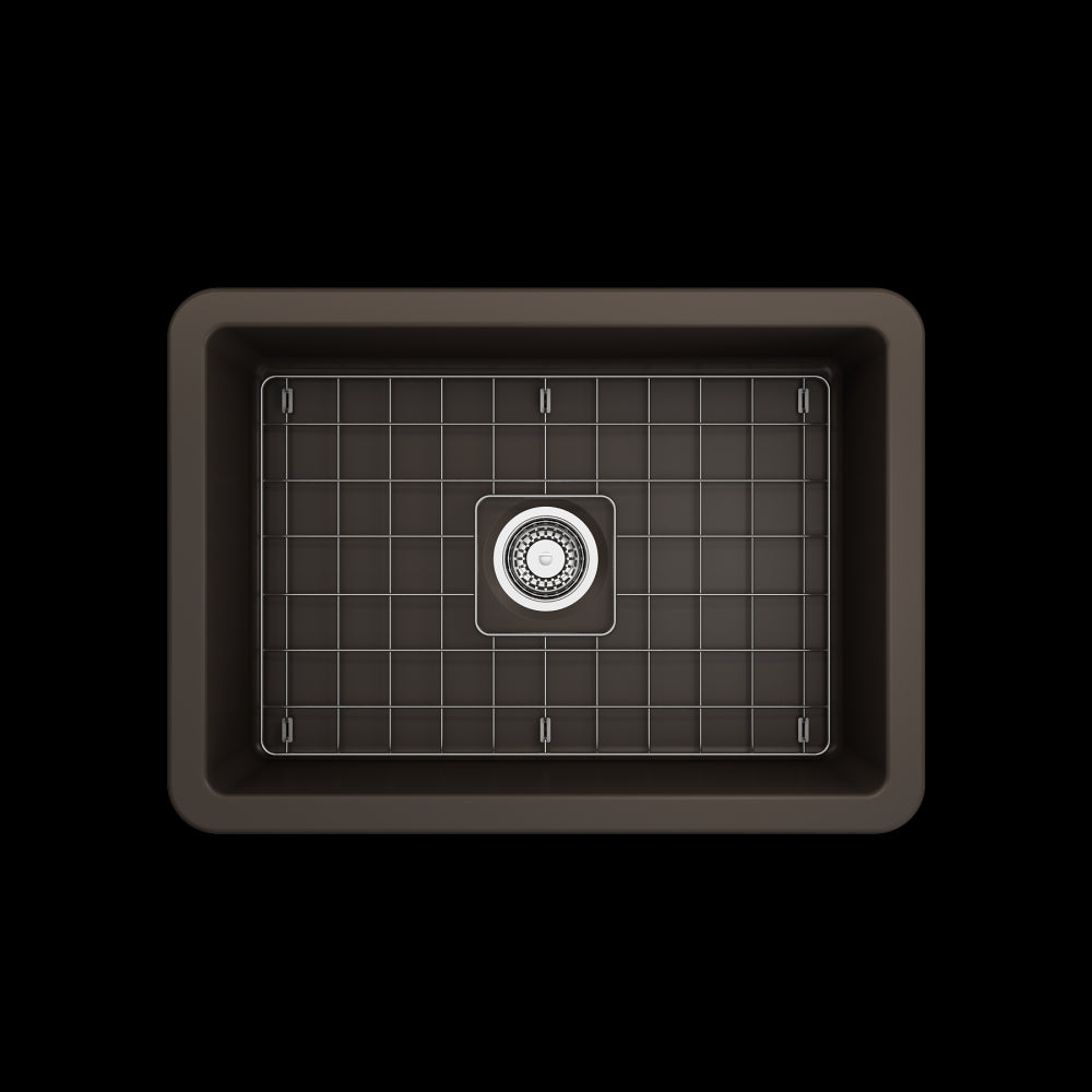 Sotto Undermount Fireclay 27 in. Single Bowl Kitchen Sink with Protective Bottom Grid and Strainer in Matte Brown