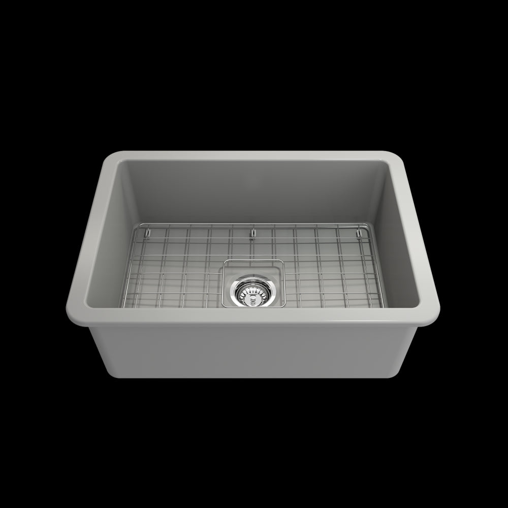 Sotto Undermount Fireclay 27 in. Single Bowl Kitchen Sink with Protective Bottom Grid and Strainer in Matte Gray