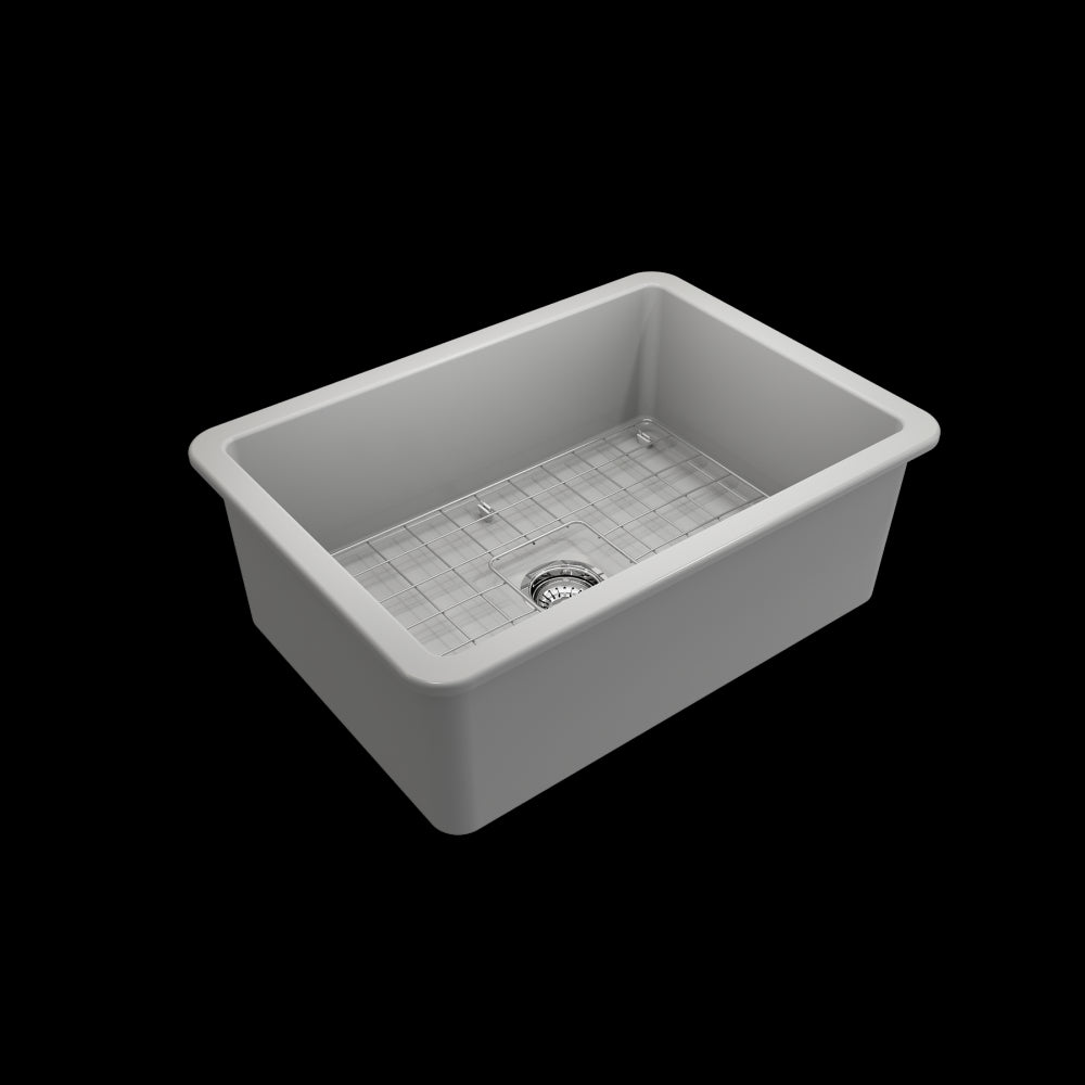 Sotto Undermount Fireclay 27 in. Single Bowl Kitchen Sink with Protective Bottom Grid and Strainer in Matte Gray